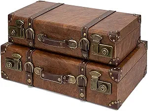 feilario Vintage Leather Storage Trunk Small Portable Decorative Luggaage Suitcase Movie Prop Luggage-2Size Option (Brown, S/L Set)