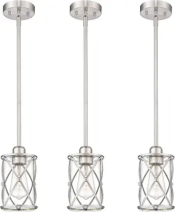 Brushed Nickel Pendant Lights Kitchen Island 3 Pack, Glass Kitchen Pendant Lighting Over Island with Rod, Modern Mini Hanging Light for Kitchen Sink Dining Room, CH9176BN-3PK