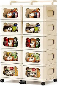 2 Row Storage Drawer Organizer with Wheels, 5 Tier with 10 Drawers Rolling Cart Organizer, Draw Slid Cabinet Configurable Storage for Closet, Apartment, Bathroom, Dorm, Kitchen, Laundry & Craft Room