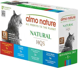 almo nature Wet Cat Food HQS Natural Rotational Diet Fish Selection & Chicken with Shrimp- Variety Pack, Grain Free, Additive Free, Highly Digestible, Preservative Free 2.47-oz, 24 Pack.