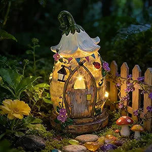 Resin Fairy Garden Statue with Solar Light Perfect for Garden Decor, Featuring a Charming Morning Glory Vine adorning its Crown.Ideal for birthday gifts and building fairy-tale cottages,12.2 inches.