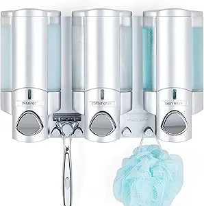 Better Living Aviva Shower Dispenser 3 Chamber, Wall Mount Shower Soap Dispenser for Bathroom Hotel Body Wash, Built-in Hooks, No Drill, Waterproof Shampoo Soap Dispenser, 3 x 11 oz, Satin Silver