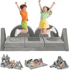16PCS Modular Kids Play Couch Versatile Toddler Sofa Bed with Washable Covers Convertible Foam Sofa for Playroom Bedroom Creative Fort Building Set for Boys & Girls (Grey)