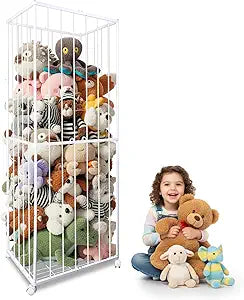 Stuffed Animal Storage, Metal Tube Extra Large Toy Storage Organizer with Brake Wheels, Stuffed Animal Holder Zoo Organizer for Nursery Playroom Kids Room White(61 x 23.6x 16.5)