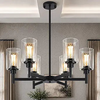 30- 54" Height Adjustable Black Chandeliers, 6 Light Dining Room Light Fixtures Over Table, Farmhouse Chandeliers for Dining Room with Clear Glass Shade for Kitchen Island Living Room Bedroom