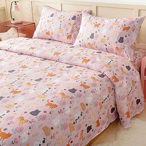 Full Size Sheet Set for Kids, 4-Piece Bed Sheet Set for Teens Boys Girls, Cartoon Printed Bedding Set, Microfiber Deep Pocket, Wrinkle & Fade Resistant, Cute Cats