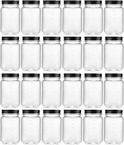 novelinks 16 oz Clear Plastic Jars with Lids, Refillable 16oz Mason Jars with Lids & Storage Containers for Kitchen & Household Use (24 Pack,Black)