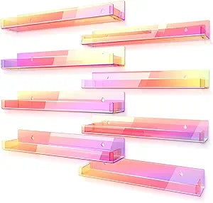 8 Pack 15 Inch Iridescent Acrylic Shelves, Clear Rainbow Kids Floating Bookshelf for Kids Room, Modern Sunglasses Essential Oil Picture Ledge Display Toy Storage Wall Shelf