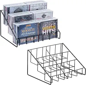 MyGift 2 Pcs CD Rack Tower, 3-Tier DVD Stand Holder, Tabletop Compact Disc Jewel Case Storage, Step Tier Office Media Organizer, Modern Matte Black Metal Wire