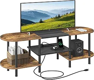YATINEY TV Stand with Power Outlets, Entertainment Center, for TVs up to 50", TV Console Table with Open Storage Shelves, TV Stands for Living Room, Bedroom, Rustic Brown and Black DS13UBR