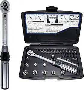 1/4-Inch Drive 20-200 Inch Pound Torque Wrench Kit (2.26-22.6 Nm) for Carbon Bikes Maintenance, 1/4'' Drive, 72-Tooth Gear Ratchet, 43in1 Set with 30pcs S2 Steel Bits and 9pcs CrV Sockets