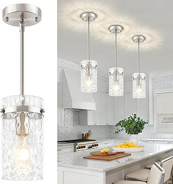 3 Pack Brushed Nickel Pendant Lights Kitchen Island, Modern Hammered Glass Pendant Lighting Over Island Hanging Bathroom Light Fixtures Adjustable Mini Pendant Light for Hallway Entryway Dining Room