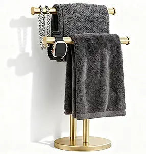 Hand Towel Holder, NEWRAIN Double Countertop Hand Towel Holder Stand, Stainless Steel Free Standing Hand Towel Rack with Heavy Base, for Bathroom Kitchen & Counter top, Brushed Gold