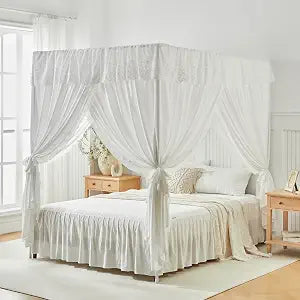 Canopy Bed Curtains - 4 Corners Post Ruffle Lace Princess Bed Canopy Elegant Cozy Drape Netting 4 Opening Mosquito Net for Bedroom Chic Privacy Decoration - Easy Installation Queen White