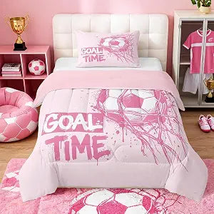 Feelyou Girls Pink Soccer Comforter Set Twin Size Football Sports Bedding Set for Kids Boys Girls Soccer Ball Game Duvet Quilt Goal Time Bedroom Decor Microfiber 2 Pcs with 1 Pillow Cases