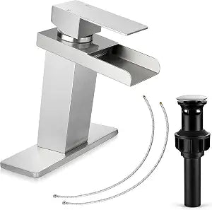 Herogo Waterfall Bathroom Faucet, Brushed Nickel Bathroom Faucets for Sink 1 or 3 Hole with Pop Up Drain, Stainless Steel Single Handle Vanity RV Lavatory Mixer Tap with 2 Water Hoses