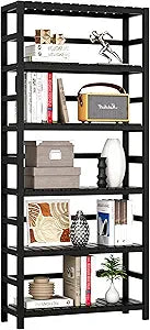 VASMIA 6-Tier Bamboo Shelf,Bamboo Storage Shelving Unit,Tall Bookcase with Adjustable Shelves,Multipurpose Storage Display Shelf for Bathroom, Living Room, Balcony, Kitchen,Black