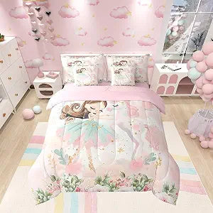 Manfei 7 Pieces Princess Comforter Set Twin Size, Kawaii Ballerina Girl and Unicorn Bedding Set for Kids, Watercolor Flower Print Bed in a Bag with Comforter, Fitted Sheet, Flat Sheet and Pillowcases