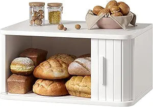 WOWLIVE Bread Box for Kitchen Countertop, Large Roll Top Bread Boxes with Sliding Door, Airtight Bread Storage Container for Loaves, Pastries & Bagels, Bamboo Counter Organizer (White, Medium)
