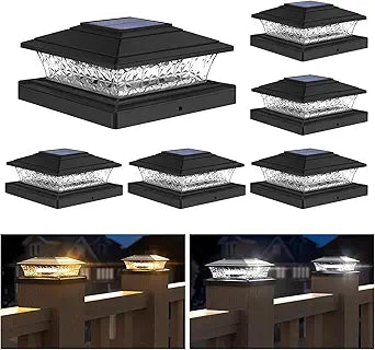 APONUO Solar Post Lights Outdoor, 2 Lighting Modes 16 LEDs Solar Post Cap Lights for 4x4 5x5 6x6 Vinyl Wooden Posts Waterproof Fence Post Lights Solar Powered for Deck/Fence/Porch (Black,6 Pack)