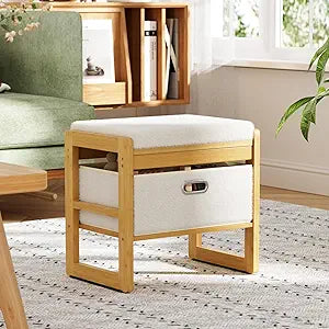 Storage Ottoman, Bamboo Footstool with Drawer, 3-in-1 Soft Ottoman with Storage, Multifunctional Footrest, Seat & Organizer for Living Room, Bedroom, Entryway Gift Set for Family