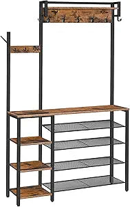 HOOBRO Hall Tree with Bench, Entryway Bench with Coat Rack, Shoe and Coat Rack for Entryway, Coat Rack with Shoe Storage and Reversible Storage Shelves, Rustic Brown BF105MT01