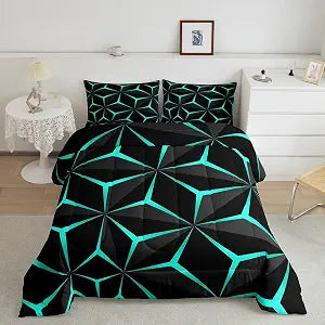 Feelyou Neon Honeycomb Comforter Twin Size,Geometric Stereoscopic Theme Teens Boys Bedding Set,Adults Bedroom Decoration 3D Teal Print Comforter Set All Season