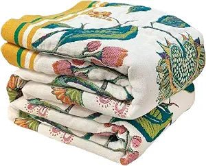 Boho Throw Blanket for Bed - 100% Cotton Ultra Soft Luxury Throw Rustic Fall Quilt,Bird Printed Farmhouse Decor Bed Blankets,Throw for Living Room Sofa Couch Chair(Flower-Bird, 87" x 102")
