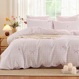 Gingham Comforter Set Twin Size,2 Pieces Pink Plaid Bow Ties Comforter Bedding Sets Reversible Pattern for Girls Kids,Cozy Breathable Microfiber Comforter and 1 Pillowcase