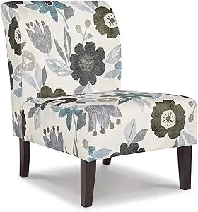 Signature Design by Ashley Triptis Floral Armless Accent Chair with Attached Cushions, Fabric Upholstery, Wood Legs, 16.63" Seat Height, White, Blue & Gray