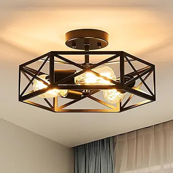 Modern Farmhouse Black Ceiling Light,Industrial Semi Flush Mount Ceiling Lighting Fixture,Hexagonal Lighting Fixtures for Kitchen,Bedroom,Foyer,Dining Room,Hallway,3-Light,14.6 Inch