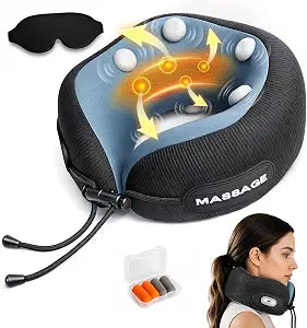 Travel Neck Pillow with Massage & Heat, U-Shaped Neck Massager with 8-Point Vibration, Eye Mask and Earplugs Set  Ergonomic Memory Foam, Ideal for Travel, Office, Home