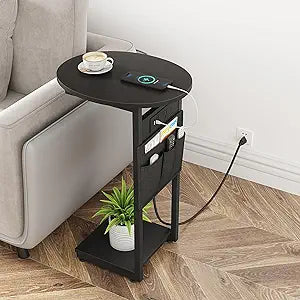 Vagusicc C Shaped End Table with Charging Station, Small Couch Side Tables with Metal Frame that Slide Under Sofa Table TV Tray for Living Room, Bedroom, Black