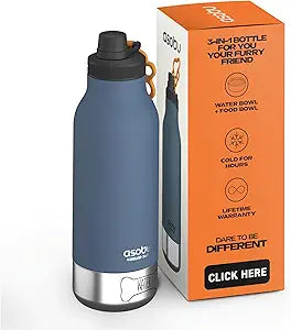 asobu Dog Barky Bottle  Insulated Stainless Steel Water Bottle with 2 Removable Dog Bowls for Food, Treats & Water  Pet-Friendly Travel Bottle for Hiking, Road Trips & Outdoor Adventures
