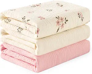 EXQ Home Muslin Swaddle Blankets for Baby, 3 Pack Cotton Breathable Soft Receiving Blankets for Newborn Boys and Girls, Baby Essentials & Gift, 47x47 inches(Pink Blossoms)