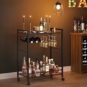 Joaxswe Bar Cart, Home Bar Serving Cart with 2-Tier Shelf,Rolling Beverage Cart with Wheels,Mobile Kitchen Shelf,Modern Wine Drink Cart with Wine Rack and Glass Holder for Kitchen,Dinning Room,Black