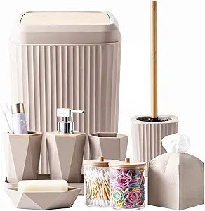 Beige Bathroom Accessories Set, 10 Pieces Bamboo Bathroom Set with Trash Can, Tray, Soap Dispenser, Soap Dish, Toothbrush Holder, Toothbrush Cup, Tissue Holder, Toilet Brush and Qtip Holders