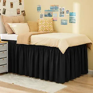 RIMELA Dorm Bed Skirt Twin XL 42 Inch Drop with Split Corner, Easy to Install Extra Long Wrap Around Elastic Dust Ruffle, Black Bedskirt Solid Silky Fabric Machine Washable, Bedroom Decor