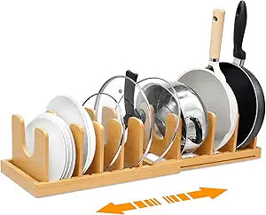MinBoo Bamboo Expandable Pot Lid Organizer, Pot and Pan Organizer Drawer Organizer for Pot Lids, Adjustable 10 U-Shaped Dividers for Kitchen Cabinet Organizers and Storage (Bamboo-1)