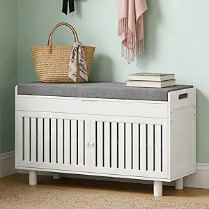 oakvivo 35.4in Shoe Bench with Storage, Bamboo Entryway Bench with Lift Top Hidden Storage & Padded Seat, 2 Doors 2-Tier Narrow Shoe Rack Cabinet Organizer for Hallway Mudroom Bedroom, White