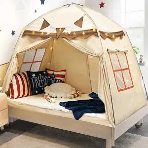RIYDH Kids Bed Tent Canopy Twin with String Light 80% Blackout Portable Breathable Privacy Dream Tent, Indoor Camping Sleeping Tents for Girls Boys Play Original Design Drafty Cottage Room Floor Use
