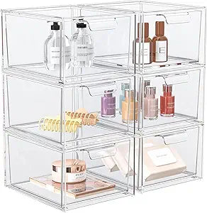 SpaceHacks 6 Pack Stackable Makeup Organizer and Storage, Acrylic OrganizersClear Plastic Storage Drawer with Pull-Out Handles for Vanity, Undersink, Kitchen Cabinets, Pantry