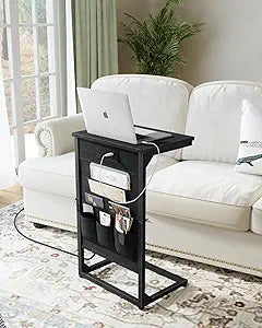 C-Shaped End Table with Fast-Charging Station, Small Couch Side Table with Storage Bag, Sofa TV Tray Table for Living Room, Bedroom, Bedside ET-BK-W1