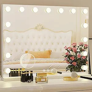 Hollywood Vanity Mirror with Lights, 15 Light Bulbs3 Color LightsMake Up Lighted Mirror, Aluminum Metal Frame,USB Charging Port23" x 18"