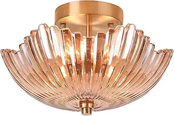 Semi Flush Mount Ceiling Light, Vintage Scalloped Lamp with Amber Glass Shade Lighting for Kitchen Bedroom Hall Living Room Hallway Close to Ceiling Light Fixture