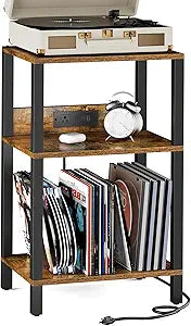 TUTOTAK Record Player Stand with Storage Up to 100 AlbumsRecord Storage Table,3 Tier End Table with Charging Station,Side Table for Living Room, Bedroom, Brown TB01BB076