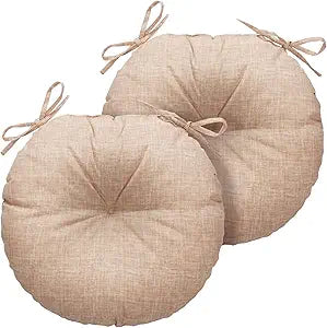 Magpie Fabrics Outdoor Round Bistro Seat Cushions with Ties, 15"x15"x4" Set of 2, Tufted Waterproof Barstool Chair Pads for Patio Home Garden Office, Light Brown Textured