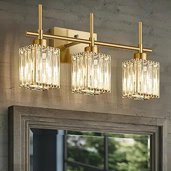 Torondo Modern Crystal Bathroom Vanity Light 3-Light Brushed Gold Bathroom Light Fixtures Over Mirror Brushed Gold Vanity Lighting Fixtures Square Shade Brass Wall Sconce (Bulbs Not Include)