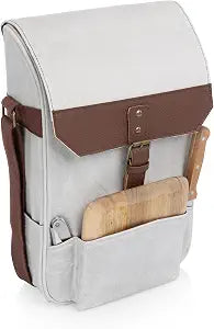 PICNIC TIME 2 Bottle Insulated Wine Bag with Cheese Board and Knife Set, Luxury 2 Bottle Distressed Waxed Canvas Wine Tote with Cheese Board, Knife, & Corkscrew, Strap, and Pockets, (White)