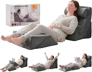 Axelrod 6PCS Orthopedic Bed Wedge Pillow Set, Post Surgery Foam for Back, Neck and Leg Pain Relief Comfortable & Adjustable Pillows- Anti Snoring, Heartburn, Acid Reflux & GERD Sleeping Grey